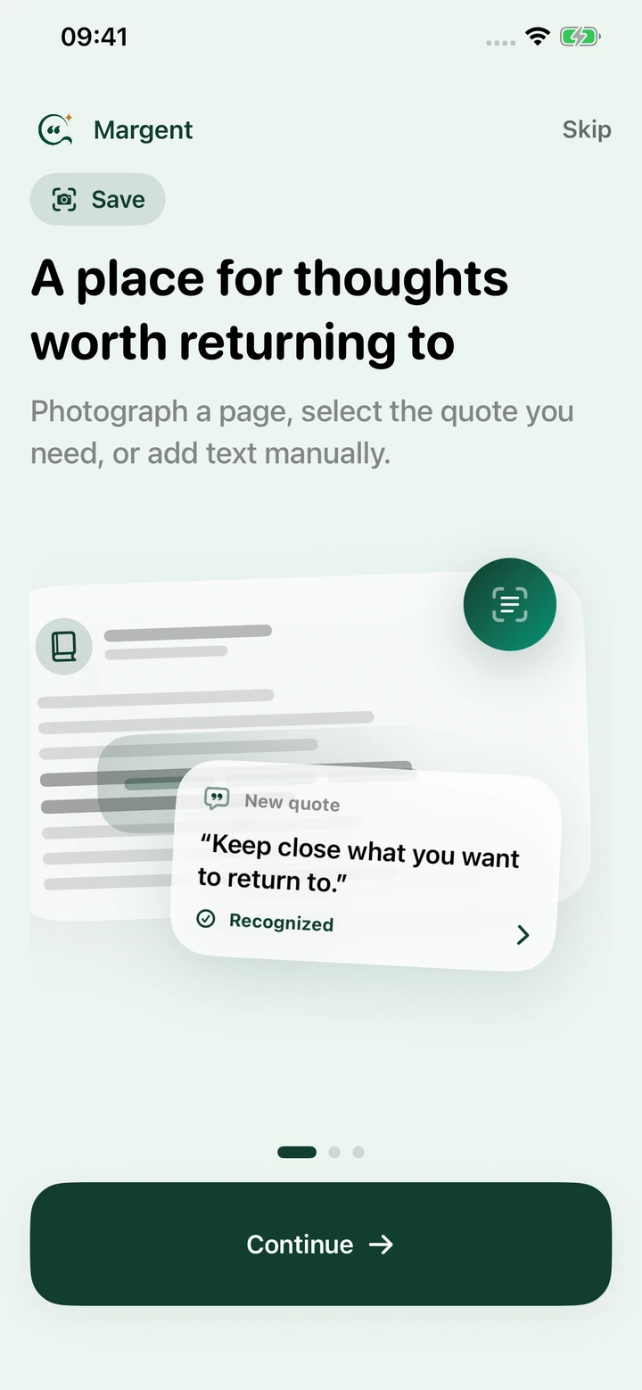 Margent onboarding: save a quote or your own thought
