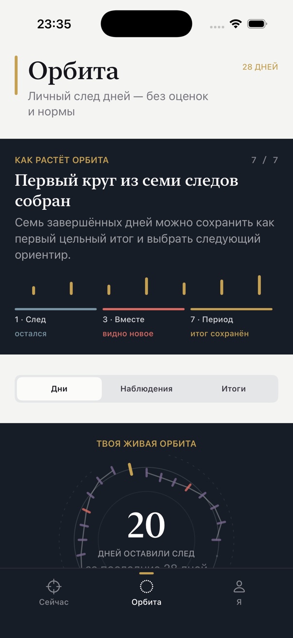 Экран Орбита в Lunar: история отметок и следы прожитых дней